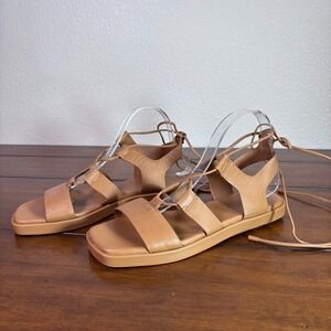 Vince Gladiator Sandals Women 9.5 Tan Leather Lace Up Square Toe Flat Minimalist
